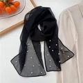 Elegant thin black semi-transparent chiffon neck scarf with pearls and rhinestones decoration - Black