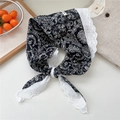 Black and white paisley pattern scarf with white lace trim in a vintage bow knot style - Black Paisley (07nice Paisley Black)