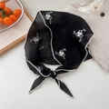 Elegant black embroidered triangular scarf with white floral lace trim for women - Three Round Leaves Embossed (01) / Black