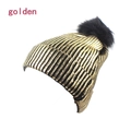 Golden knit beanie with black vertical stripes and a fluffy faux fur pom-pom on top - Adult / Gold