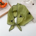 Green embroidered triangle scarf with black floral lace edging for women - Three Round Leaves Embossed (02) / Green