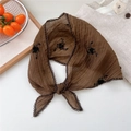Brown vintage triangle scarf with black floral embroidery and delicate lace trim - Three Round Leaves Embossed (03) / Brown
