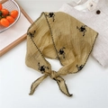Mustard yellow embroidered triangle headscarf with black floral pattern and wavy edges - Three Round Leaves Embossed (04) / Khaki