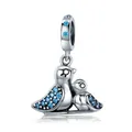 Polished 925 sterling silver bird charm with pave-set blue zircon stones and twin birds - 925 Silver / Parent-child Birds Charm