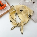 Yellow embroidered triangle headscarf with black floral patterns and wavy edges - Three Round Leaves Embossed (05) / Yellow
