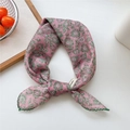 Pink paisley cotton-linen scarf with green floral print and wavy stitched edges - Pink Ground Bellflower
