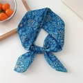 Blue floral cotton linen silk scarf tied in a bow with elegant French pastoral patterns - Blue Snowflake Leaves (44B)