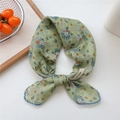 Light green floral cotton linen feel scarf with blue trim and delicate flower patterns - Green Small Bouquet