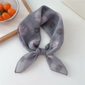 Elegant grey-purple floral cotton linen scarf styled as a neckerchief with soft textures - Grey Purple Abstract Flower (46B)