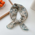 Floral cotton linen silk scarf in beige with blue prints and delicate lace edges - Beige Yellow Grid Peony
