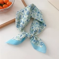Blue and white floral cotton-linen square scarf tied as a stylish hair band or neckerchief - Blue Green Gypsophila (49B)