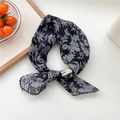 Black and white floral scarf with grey lace edges and explore label for women - Black Dotted Leaf