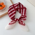 Chic red and white striped cotton-linen small square scarf tied neatly on white background - Wine Red Stripes (53B)