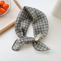 Gray checkered scarf with lace trim and cotton linen texture for stylish hair accessory - Checkerboard Beige