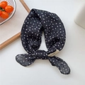 Dark blue paisley cotton-linen feel small square scarf with white floral print - Black Ground Fine Green Leaf