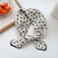 Cream square scarf with black bow patterns and lace trim for hair or neck styling - Beige Small Bowknot