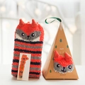 Plush coral fleece kids striped socks with cartoon cat ears in a forest gift box - Striped Fox