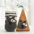 Plush husky coral fleece floor socks with grey stripes in a creative gift box - Dark Grey Striped Dog
