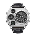 Oulm dual time zone men's watch with big silver case, black leather strap and compass - Black