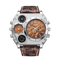 Oulm men's dual time quartz watch with brown leather strap and silver large dial - Brown