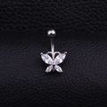 Silver stainless steel belly button ring featuring a marquise-cut zircon butterfly pendant - Butterfly Style (Style G)