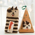 Brown striped coral fleece animal socks with a 3D dog design and a creative gift box - Coffee Striped Dalmatian