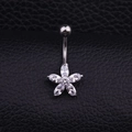 Polished stainless steel belly ring with sparkling five-petal zircon flower on black leather - Five-Petal Flower Style (Style D)