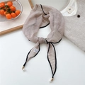 Elegant light brown sheer diamond scarf with black trim and pearl bead accents - Khaki
