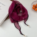 Lightweight burgundy mesh scarf with delicate faux pearl pendants and black piping detail - Burgundy