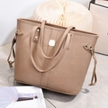 Classic tan brown leather tote bag with lychee texture and gold logo for women - Khaki