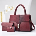 Detailed set of burgundy crocodile pattern handbag with matching envelope clutch and card holder - Wine Red