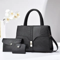Detailed set of black leather tote with crocodile pattern flap and golden hardware - Black