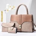 Three-piece women's taupe handbag set with crocodile pattern and golden hardware - Khaki