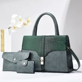 Three-piece women's handbag set in deep teal with green crocodile texture and gold hardware - Green