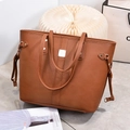 Brown litchi grain leather tote bag with metal logo and drawstring side details - Khaki/Earth Yellow