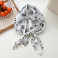 Breathable white square silk scarf with elegant grey floral pattern for women - White Grey Floral (02 Fine Small Flower)