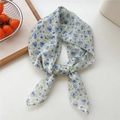 Elegant white square silk scarf featuring a delicate blue floral print and soft bow tie - White Blue Floral (04 Blue Flower)
