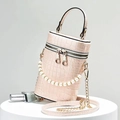 Borsa a mano cilindrica rosa con trama a coccodrillo, catena di perle e zip dorata - Bianco avorio