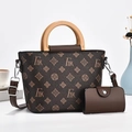 Borsa a mano marrone scuro con stampa a scacchi, borsellino e manici tondi in legno - Stile Lettera FAK Vecchio Fiore Caffè Scuro (Stile 4)