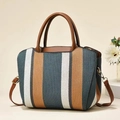 Green and white striped tote bag with brown leather handles and adjustable shoulder strap - Blue