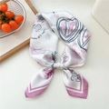 White silk-feel narrow twilly scarf with pink cartoon rabbit and heart illustrations - 06 Rabbit Star Pink