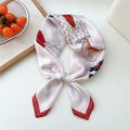 Silk neck scarf with red border featuring cartoon cat and dog illustrations on cream fabric - 10 Red Heart Donkey Girl (COCO)