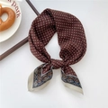 Dark brown silk square scarf with geometric patterns and paisley floral border bow - 12SR-Grid Pattern Brown