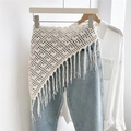 Detail of crochet cotton triangle scarf featuring shell patterns and long fringe tassels - Style 1 Long Fringe Fan Pattern