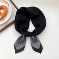Elegant black paisley square scarf with white cashew flower patterns tied neatly - 13SR-Dot Paisley Black