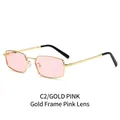 Rectangle metal sunglasses featuring a gold frame and transparent pink lenses, model C2 - Gold Frame Pink Lenses