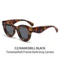 Fashionable round tortoiseshell sunglasses with dark gray lenses and gold accents - Tortoiseshell Frame Black Grey Lens