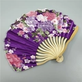 Detail of silk folding fan featuring purple fabric with elegant peony flower patterns - No.13 Purple