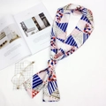 Elegant geometric print satin silk twilly scarf with blue stripes and gold polka dots - Colorful Patchwork