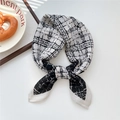 Elegant black and white tweed pattern small square silk scarf with central decorative knot - 20SR-Interlaced Black Grid